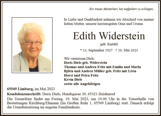Traueranzeige von Edith Widerstein von Nassauische Neue Presse