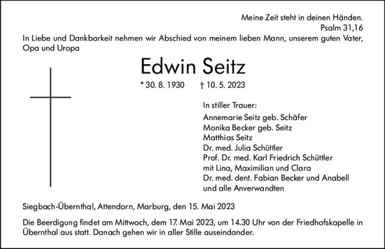 Traueranzeige von Edwin Seitz von Hinterländer Anzeiger