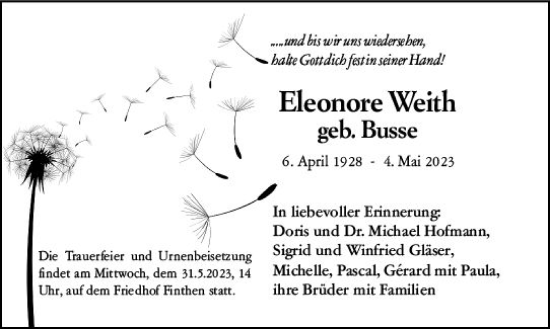 Traueranzeige von Eleonore Weith von Allgemeine Zeitung Mainz