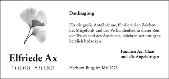 Traueranzeige von Elfriede Ax von Dill Block