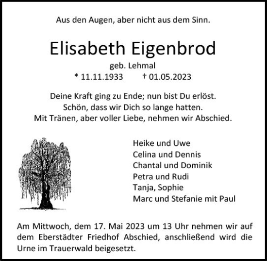 Traueranzeige von Elisabeth Eigenbrod von Darmstädter Echo