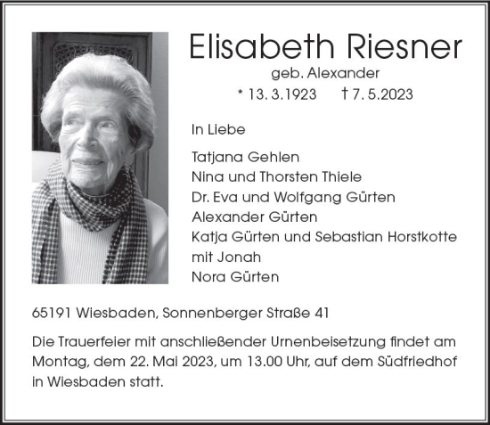 Traueranzeige von Elisabeth Riesner von Wiesbadener Kurier