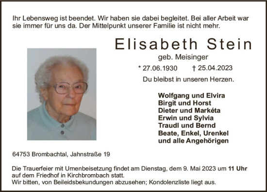 Traueranzeige von Elisabeth Stein von Odenwälder Echo