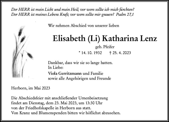 Traueranzeige von Elisabeth Katharina Lenz von Dill Block