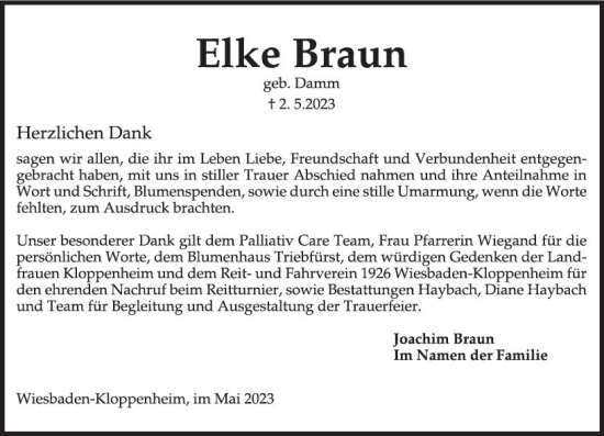 Traueranzeige von Elke Braun von Wiesbadener Kurier