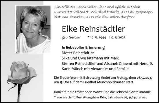 Traueranzeige von Elke Reinstädtler von Wetzlarer Neue Zeitung