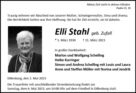 Traueranzeige von Elli Stahl von Dill Block