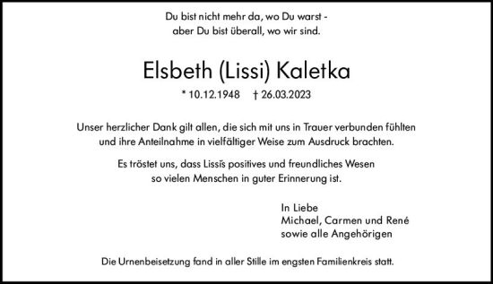 Traueranzeige von Elsbeth Kaletka von Idsteiner Land/Untertaunus