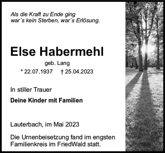 Traueranzeige von Else Habermehl von VRM Trauer