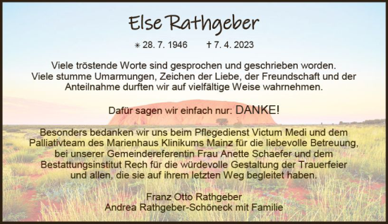 Traueranzeige von Else Rathgeber von Allgemeine Zeitung Mainz