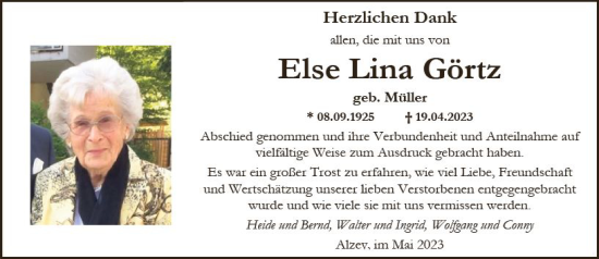 Traueranzeige von Else Lina Görtz von Allgemeine Zeitung Alzey