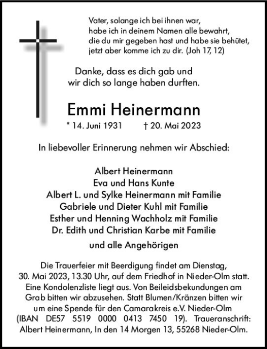 Traueranzeige von Emmi Heinermann von Allgemeine Zeitung Mainz
