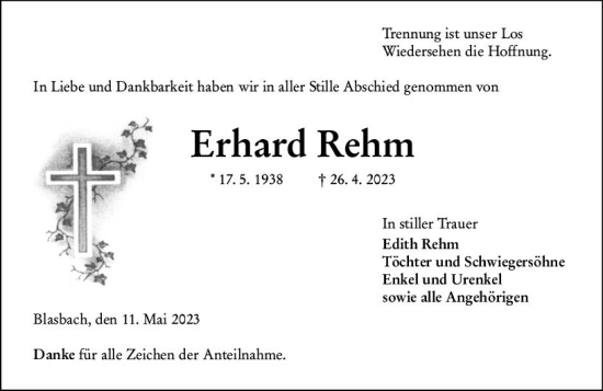 Traueranzeige von Erhard Rehm von Wetzlarer Neue Zeitung