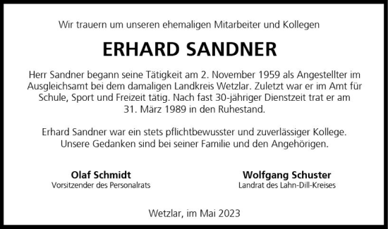 Traueranzeige von Erhard Sandner von Wetzlarer Neue Zeitung
