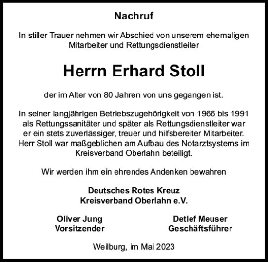 Traueranzeige von Erhard Stoll von Weilburger Tageblatt