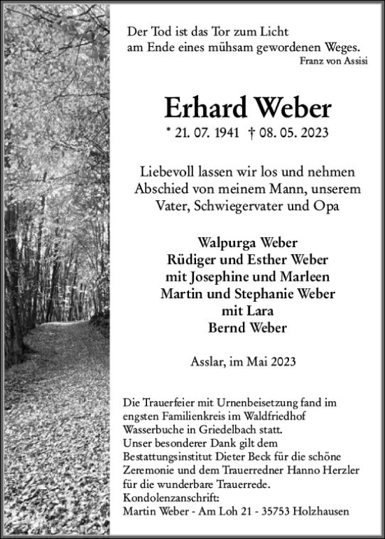 Traueranzeige von Erhard Weber von Wetzlarer Neue Zeitung