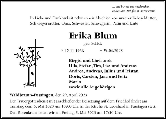 Traueranzeige von Erika Blum von Nassauische Neue Presse