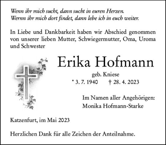 Traueranzeige von Erika Hofmann von Wetzlarer Neue Zeitung