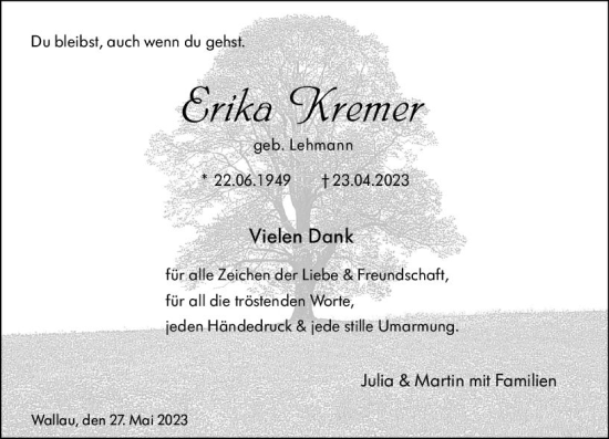 Traueranzeige von Erika Kremer von Hinterländer Anzeiger