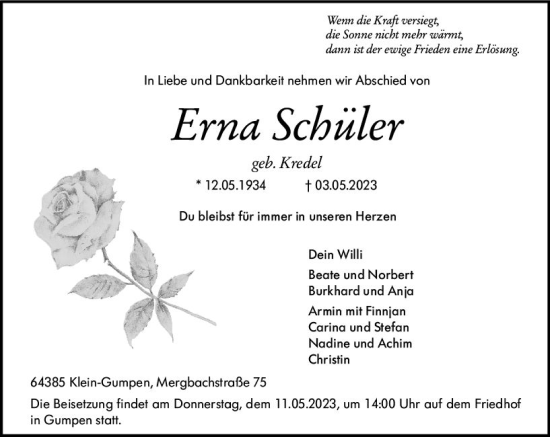 Traueranzeige von Erna Schüler von Bergsträßer Anzeiger
