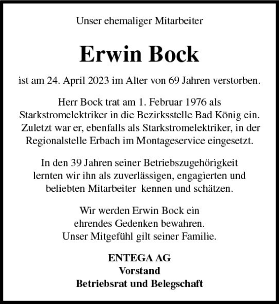 Traueranzeige von Erwin Bock von Odenwälder Echo