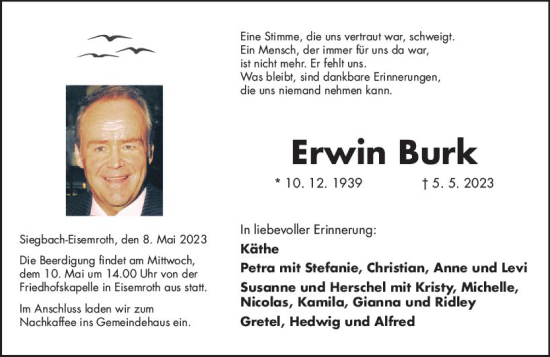 Traueranzeige von Erwin Burk von Dill Block