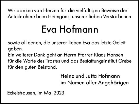 Traueranzeige von Eva Hofmann von Hinterländer Anzeiger