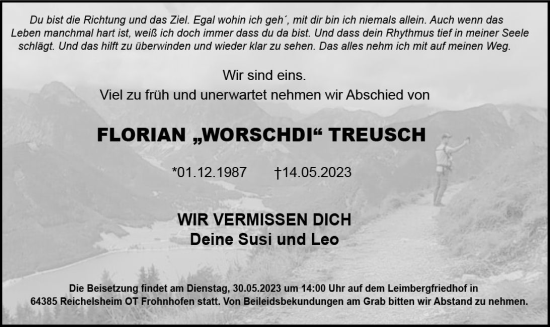 Traueranzeige von Florian Treusch von Odenwälder Echo
