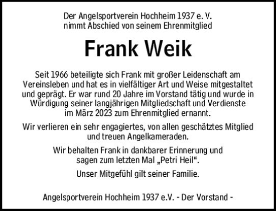 Traueranzeige von Frank Weik von Hochheimer Zeitung