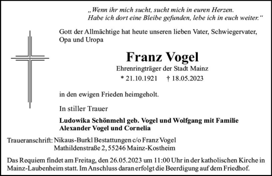 Traueranzeige von Franz Vogel von Allgemeine Zeitung Mainz