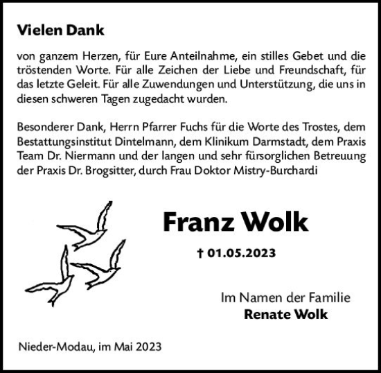 Traueranzeige von Franz Wolk von Darmstädter Echo