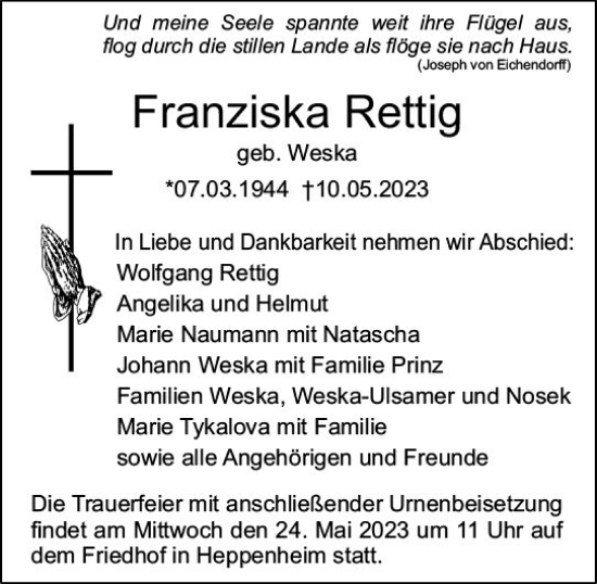 Traueranzeige von Franziska Rettig von Starkenburger Echo