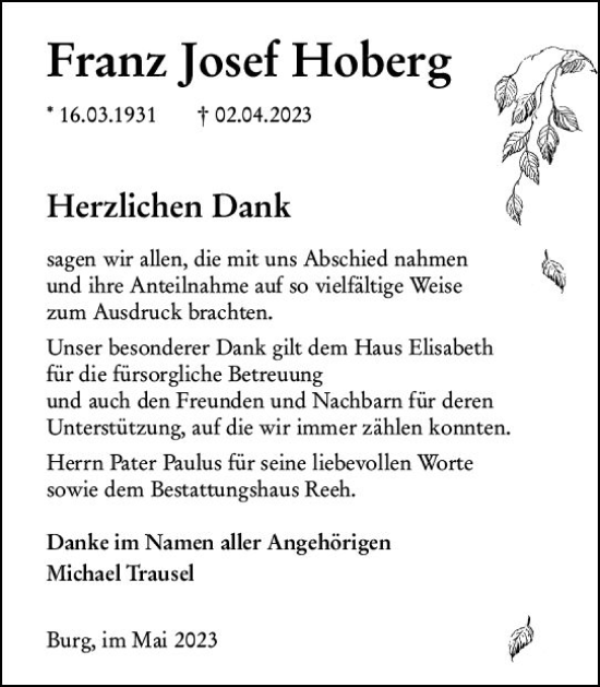 Traueranzeige von Franz Josef Hoberg von Dill Block