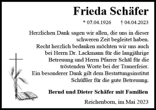 Traueranzeige von Frieda Schäfer von Weilburger Tageblatt