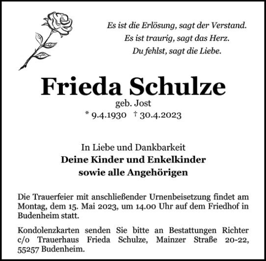 Traueranzeige von Frieda Schulze von Allgemeine Zeitung Mainz