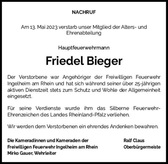 Traueranzeige von Friedel Bieger von Allgemeine Zeitung Bingen/Ingelheim