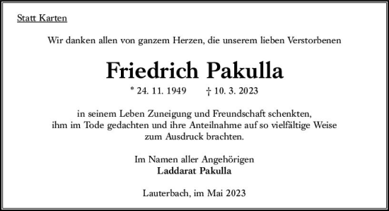 Traueranzeige von Friedrich Pakulla von Oberhessen Kurier