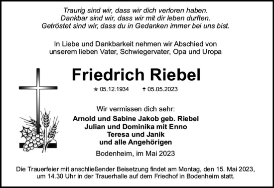 Traueranzeige von Friedrich Riebel von Allgemeine Zeitung Mainz
