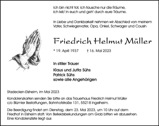 Traueranzeige von Friedrich Helmut Müller von Allgemeine Zeitung Mainz