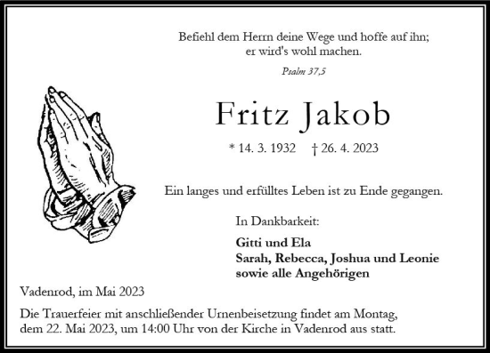 Traueranzeige von Fritz Jakob von VRM Trauer