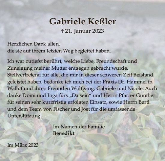 Traueranzeige von Gabriele Keßler von Wiesbadener Kurier
