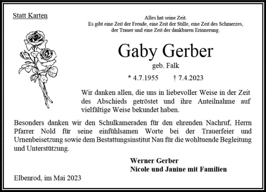Traueranzeige von Gaby Gerber von Oberhessen Kurier
