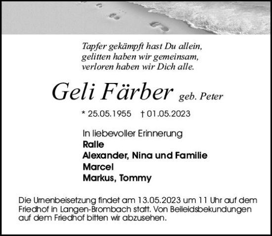 Traueranzeige von Geli Färber von Odenwälder Echo