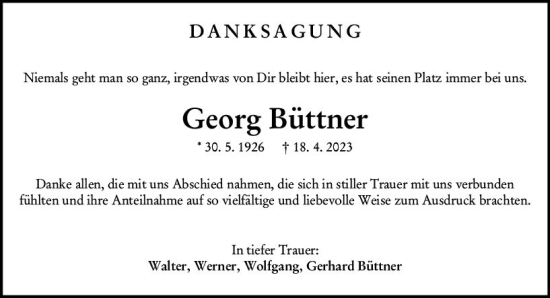 Traueranzeige von Georg Büttner von Wormser Zeitung