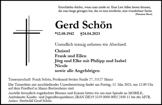 Traueranzeige von Gerd Schön von Allgemeine Zeitung Mainz