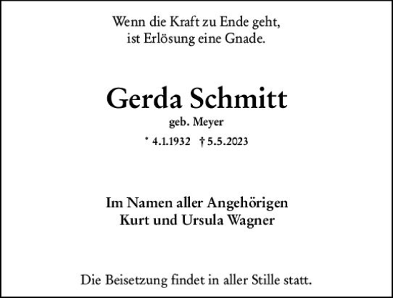 Traueranzeige von Gerda Schmitt von Wiesbadener Kurier
