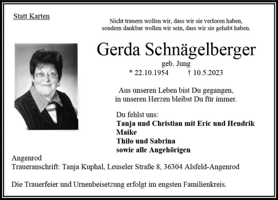 Traueranzeige von Gerda Schnägelberger von VRM Trauer