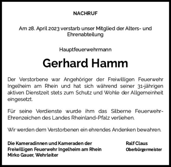 Traueranzeige von Gerhard Hamm von Allgemeine Zeitung Bingen/Ingelheim