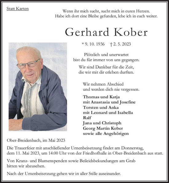 Traueranzeige von Gerhard Kober von VRM Trauer