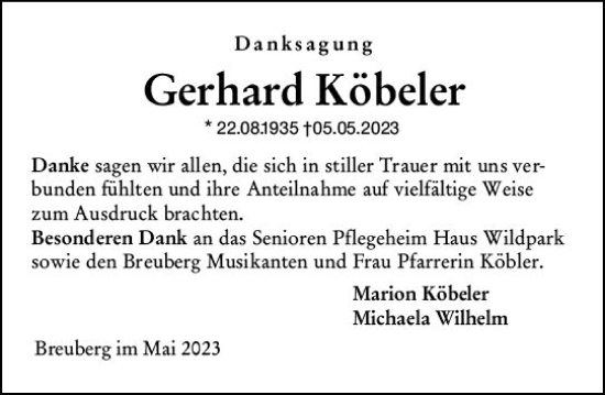 Traueranzeige von Gerhard Köbeler von Odenwälder Echo